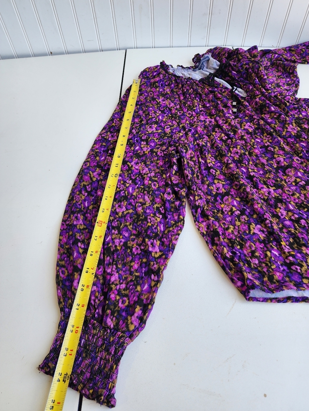 Democracy Womens Ruffle Edge V-Neck Floral Print Woven Long Sleeve Top Purple  L - Picture 13 of 16